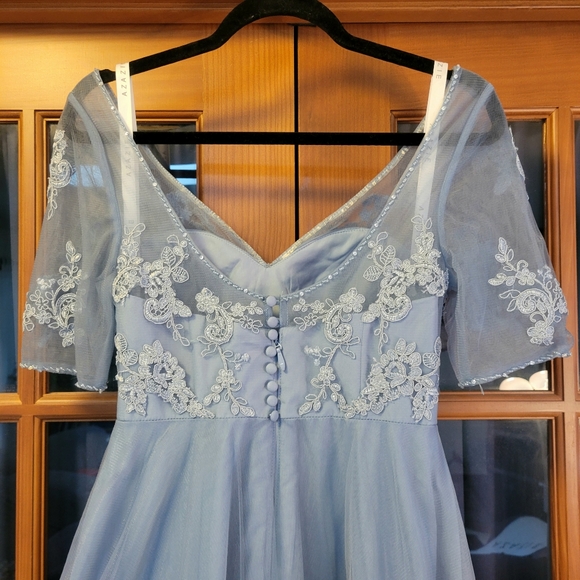 Azazie "Brenda" Long Tulle/Lace Dress in Dusty Blue Custom Sz 4/6 - Picture 7 of 16
